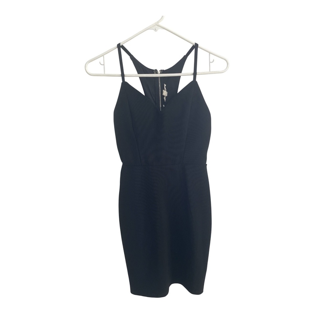 Wild Cat Black Ribbed Bodycon Mini Dress Cage Back Zipper Racerback V-Neck Small